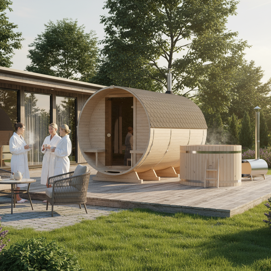 Fasssauna im Garten mit Terrasse moderne Außensauna Holz