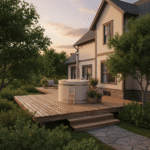 Badefass aus Holz im Garten mit Terrasse moderner Hot Tub