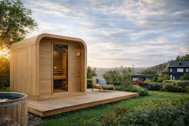 Quadro Sauna im Garten aus Holz mit zentraler Glastür und moderner Bauform